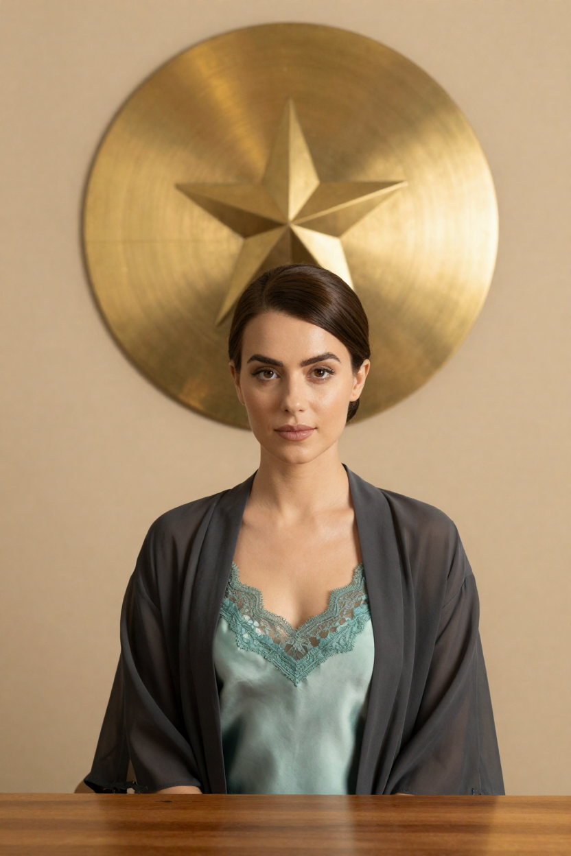 Fictional 29-year-old woman, dark chestnut hair in a sleek low chignon, fair skin with a warm